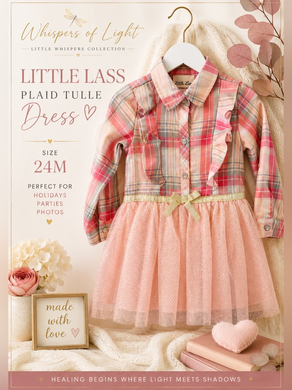 Little Lass Girls 24M Pink Plaid Tulle Dress Gold Sparkle Holiday Party NWOT